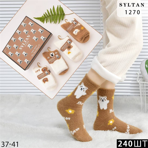 Женские носки в коробке шерсть норки с медведями зимние 6 пар Syltan оптом мешками арт 1270 1270
